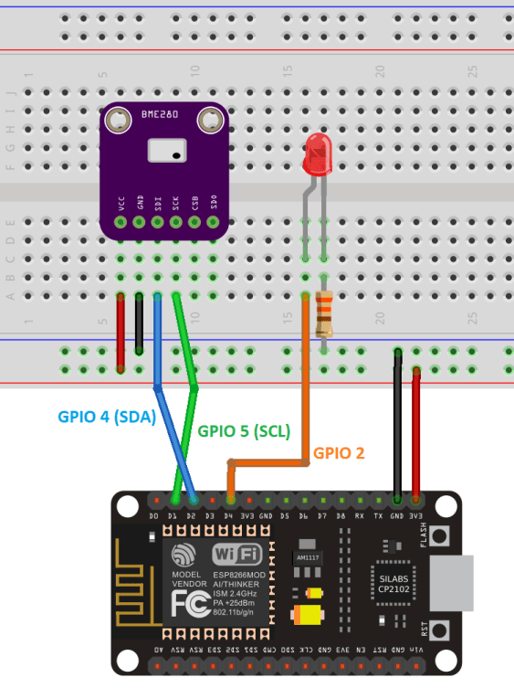Схема подключения ESP8266 NodeMCU BME280 LED