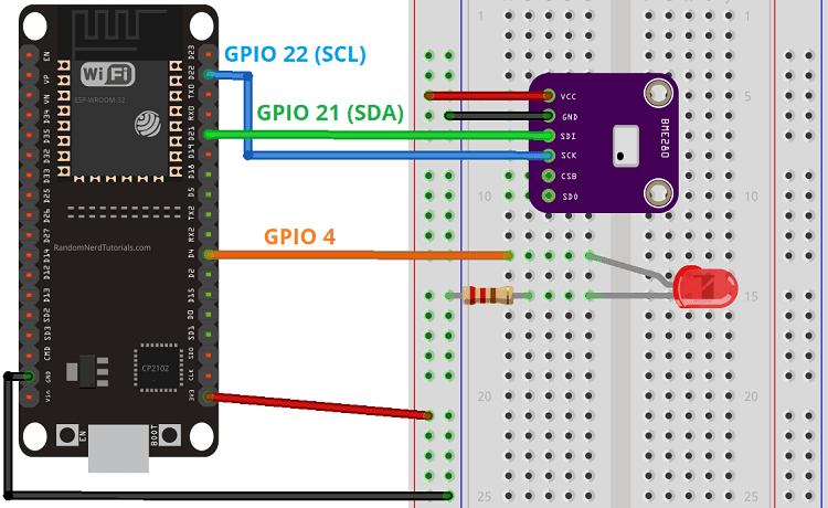 Схема подключения ESP32 с BME280 и светодиодом