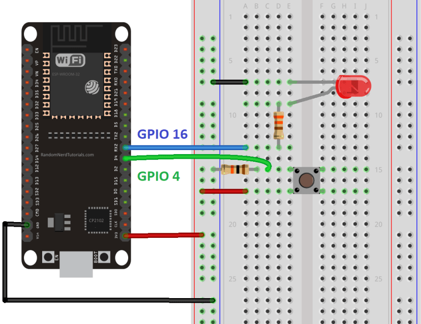 Схема подключения кнопки и светодиода к ESP32 для работы с flash-памятью