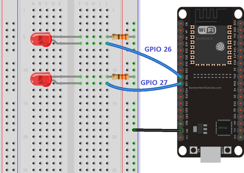 Схема подключения ESP32 веб-сервера со светодиодами