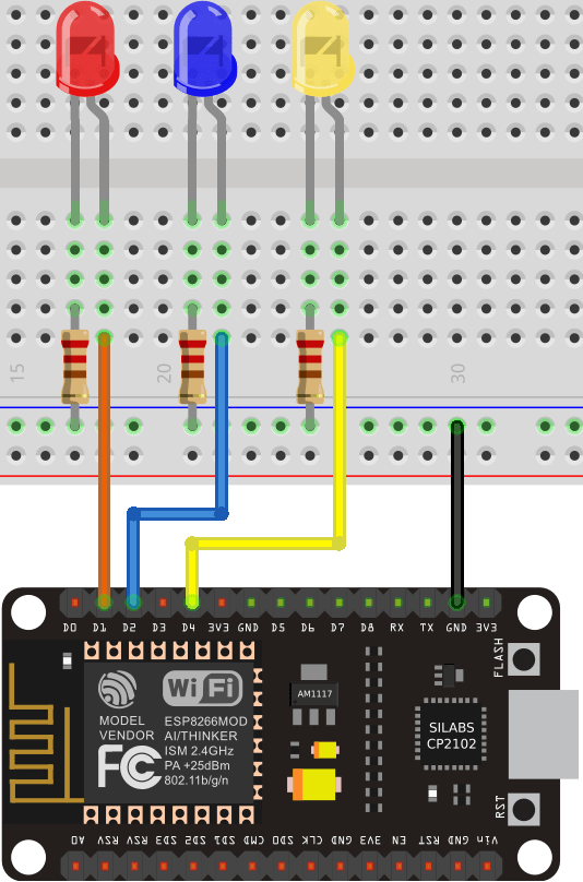 ESP8266 NodeMCU схема подключения трёх светодиодов для асинхронного веб-сервера