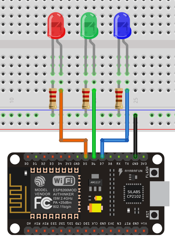 ESP8266 NodeMCU подключение трёх светодиодов схема подключения