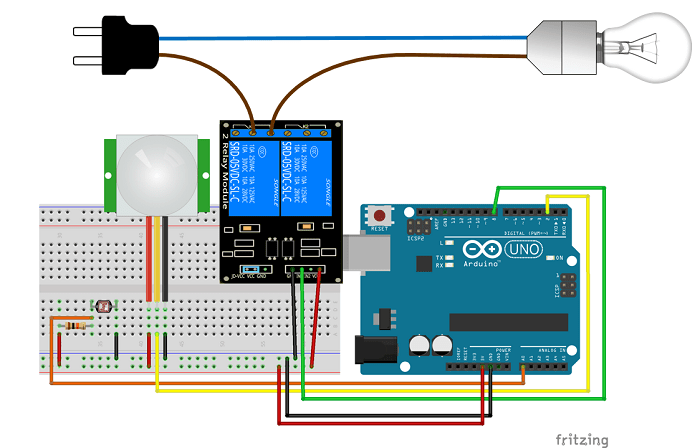 Схема подключения ночного охранного светильника на Arduino