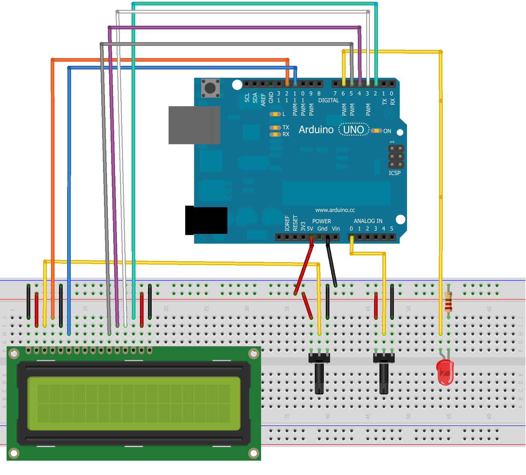 Схема подключения Arduino LCD 16x2 с потенциометром и светодиодом