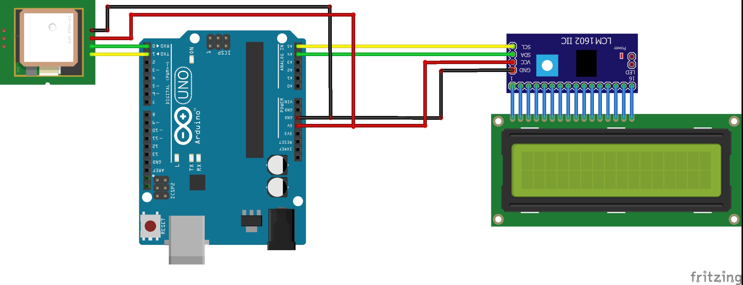 Схема подключения ATGM336H и LCD 16x2 к Arduino
