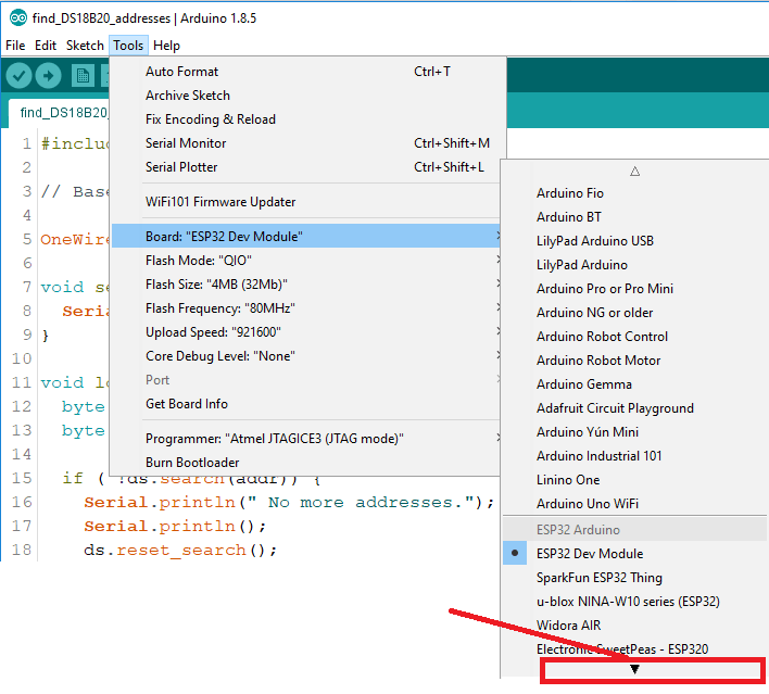 Прокрутка списка плат в Arduino IDE