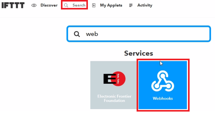 Поиск сервиса Webhooks в IFTTT
