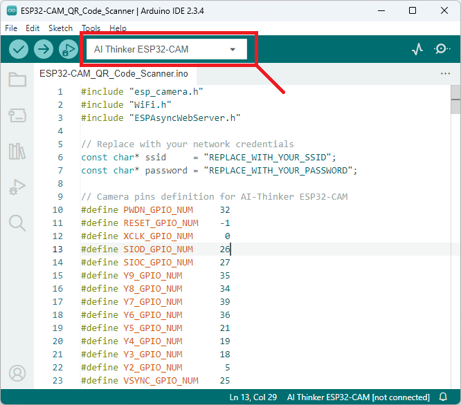 Выбор AI-Thinker ESP32-CAM в Arduino IDE