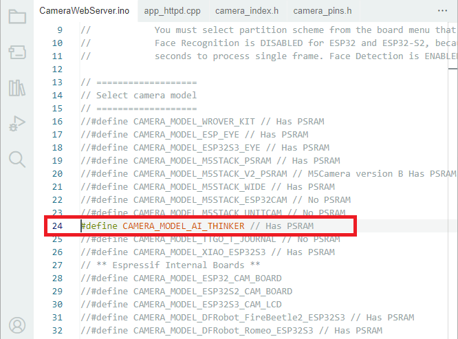 Выбор модели камеры в коде CameraWebServer