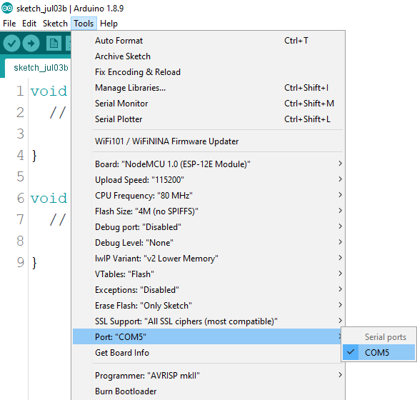 Установка дополнения платы ESP8266 в Arduino IDE - выбор COM-порта