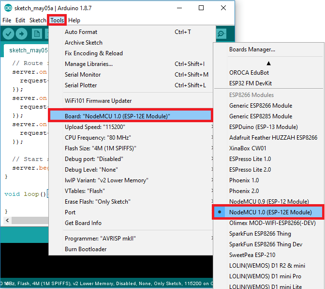 Загрузка кода в ESP8266 NodeMCU выбор платы