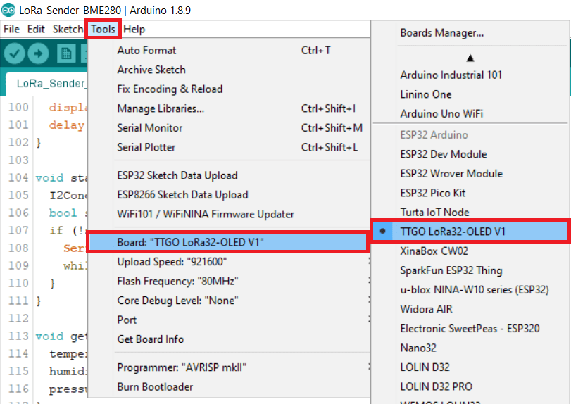 Arduino IDE selecting TTGO LoRa32-OLED-V1 board