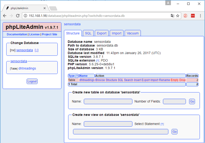 Главная страница phpLiteAdmin — просмотр базы данных