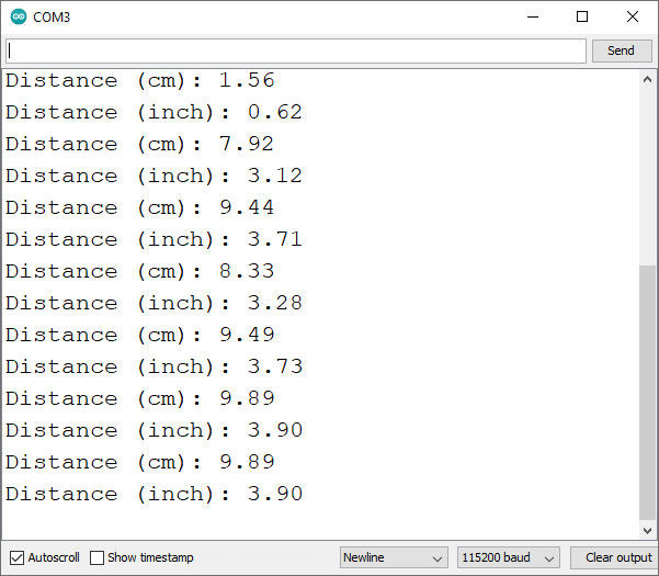 Serial Monitor -- расстояние до объекта от ультразвукового датчика