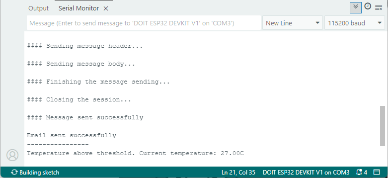 ESP32 отправка Email уведомлений при превышении порогового значения температуры -- монитор последовательного порта
