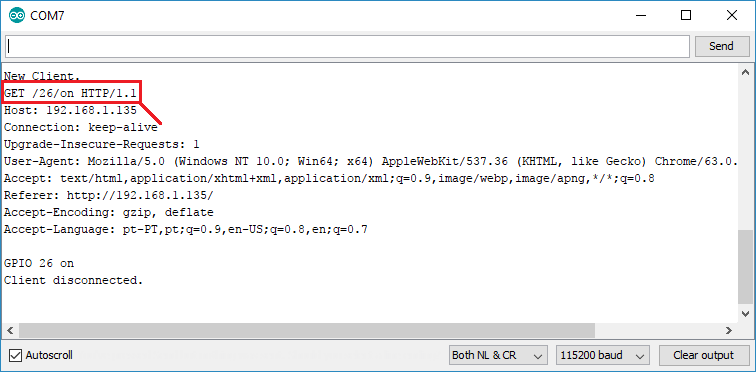 Монитор последовательного порта при включении GPIO 26