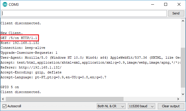 Веб-сервер ESP8266 NodeMCU - GPIO включение в Serial Monitor Arduino IDE