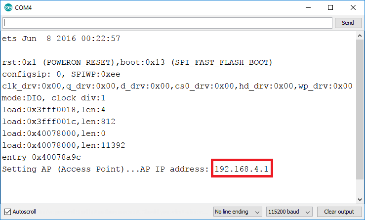 IP-адрес точки доступа ESP32 в мониторе порта