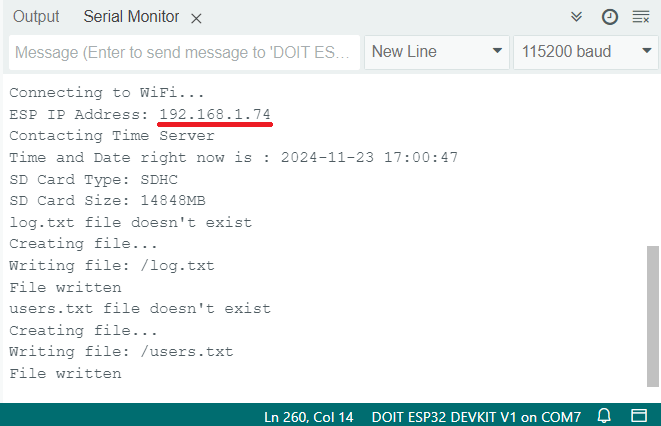 ESP32 RFID система управления пользователями Arduino IDE Serial Monitor вывод IP-адреса