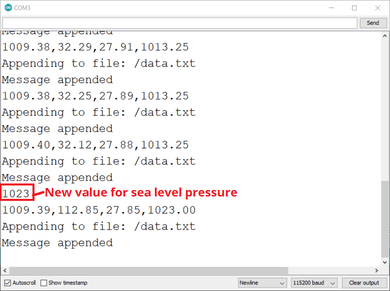 ESP32 BMP388 Высотомер-даталоггер Serial Monitor - новое значение давления на уровне моря