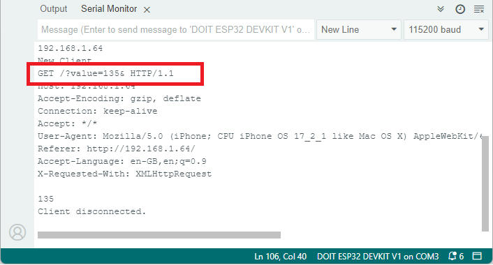 Значение ползунка в мониторе порта ESP32