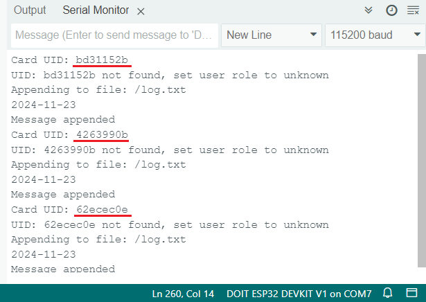 ESP32 RFID система управления пользователями Arduino IDE Serial Monitor проверка UID меток