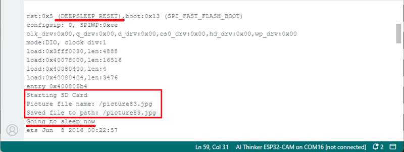 ESP32-CAM с PIR-датчиком движения - монитор порта, тестирование сохранения фото на microSD