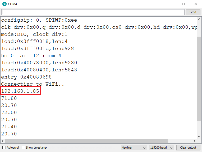 Загрузка кода и отображение IP-адреса ESP32 в Serial Monitor