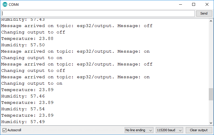 Монитор последовательного порта Arduino IDE с MQTT-сообщениями