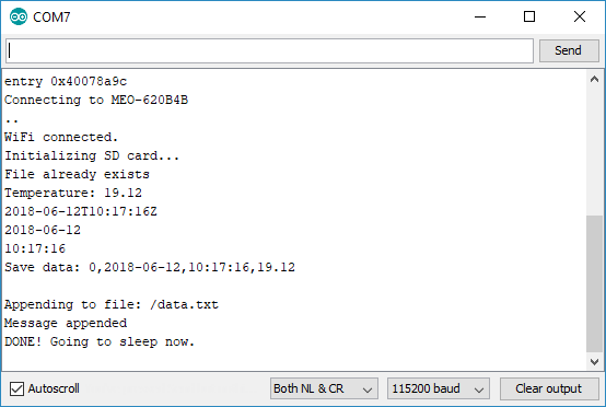 Монитор последовательного порта ESP32 при логировании данных