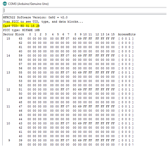 Монитор последовательного порта - данные RFID-карты