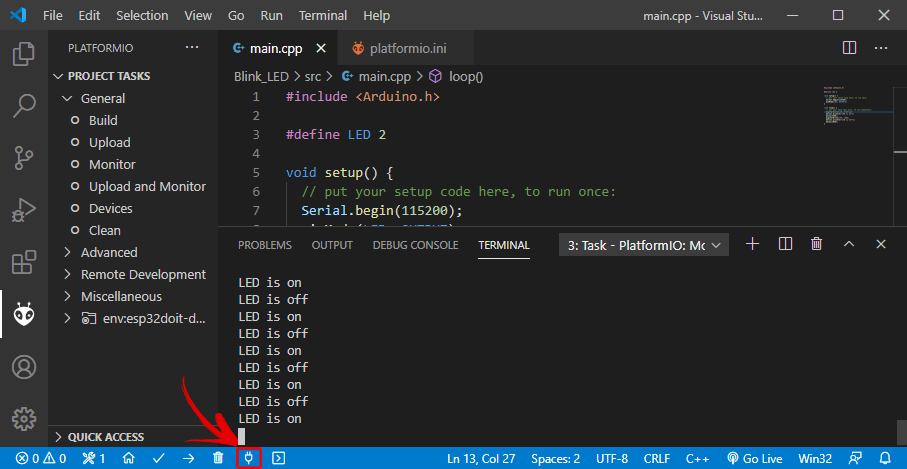 Serial Monitor PlatformIO IDE VS Code Visual Studio для платы ESP32