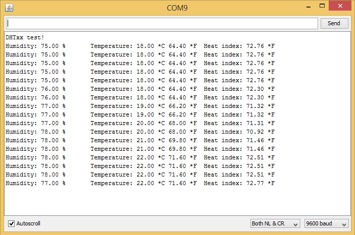 Показания датчика DHT в мониторе последовательного порта Arduino