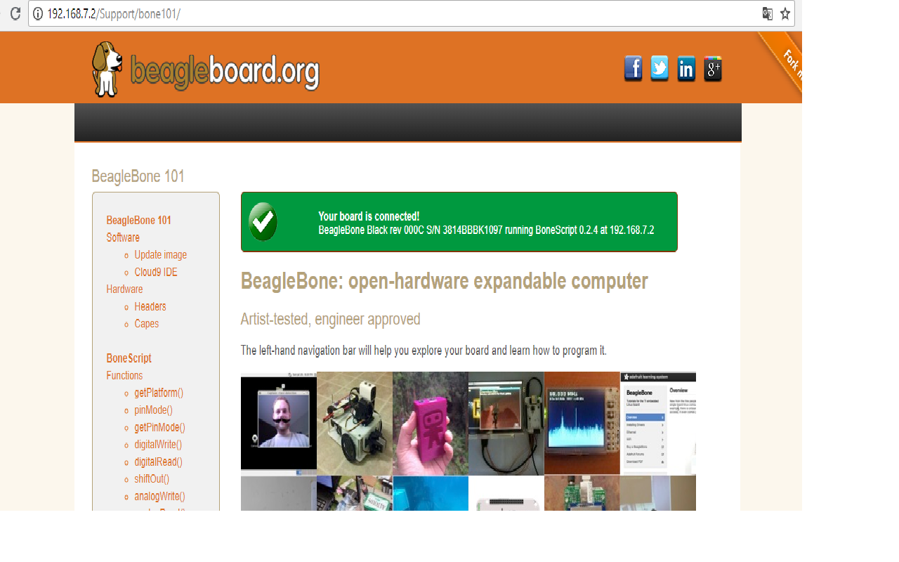 Меню BeagleBone Black по адресу 192.168.7.2