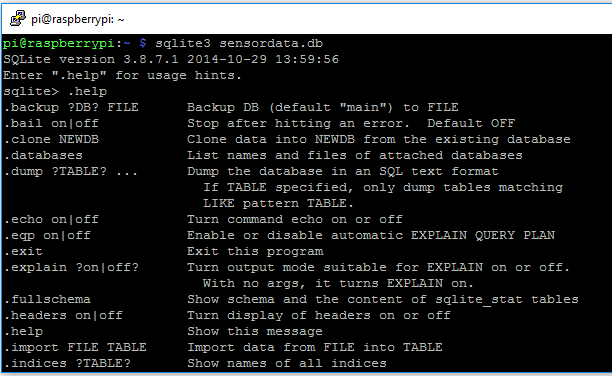 Команда .help в SQLite3
