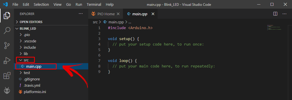 Файл main.cpp расширения PlatformIO IDE в папке src