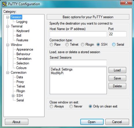 Вкладка Session в PuTTY