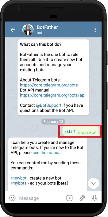 Запуск BotFather в Telegram для создания нового бота