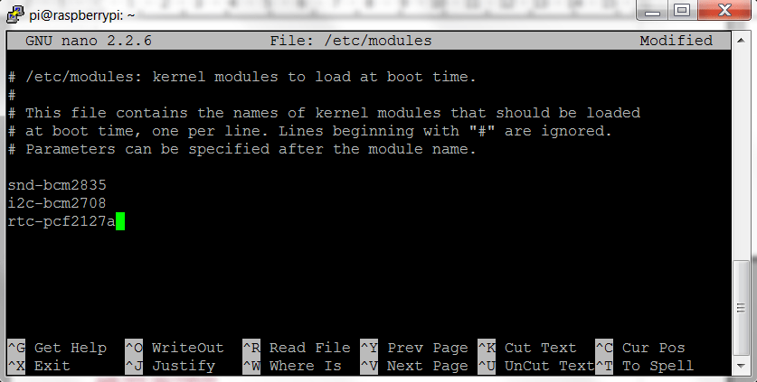 Добавление модулей i2c-bcm2708 и rtc-pcf2127a