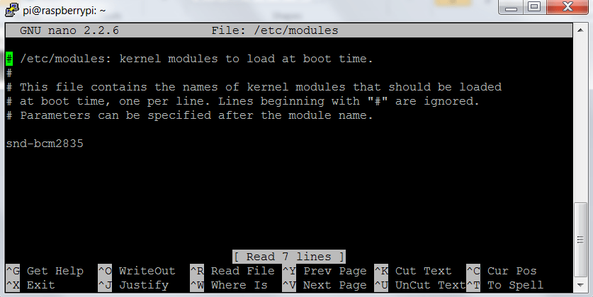 Файл /etc/modules в редакторе nano