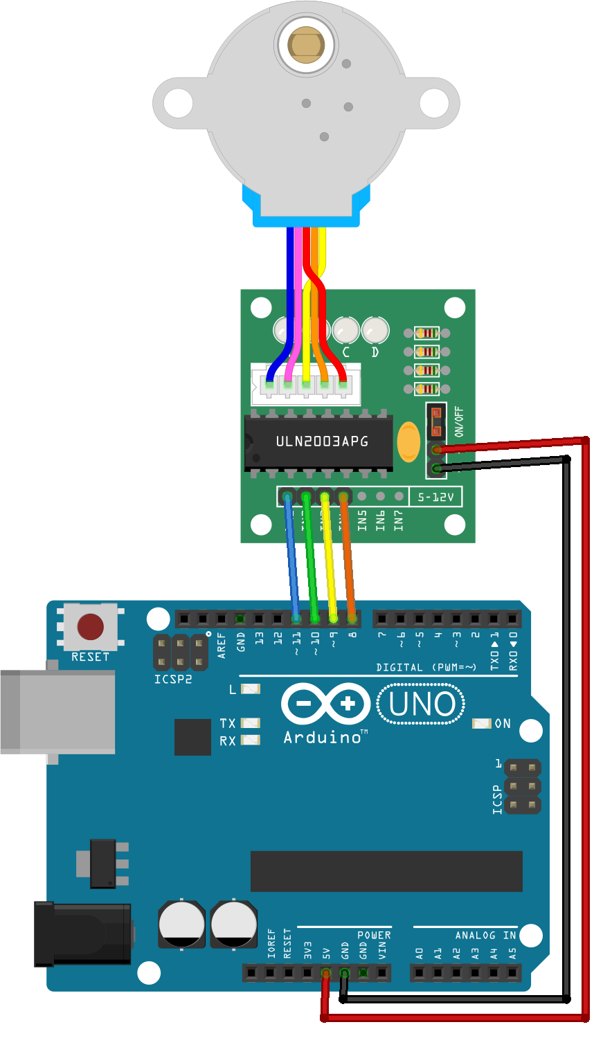 Схема подключения шагового двигателя к Arduino через ULN2003