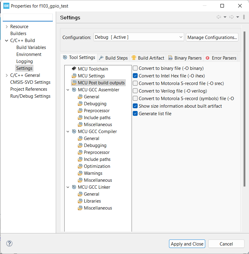 Настройки STM32CubeIDE — Convert to Intel Hex file