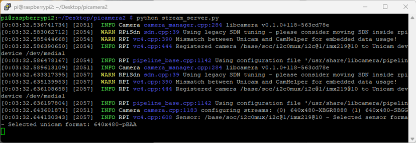 Запуск скрипта stream server picamera2 командой Python