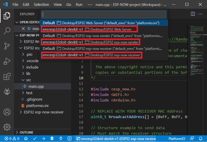 VS Code переключение среды PlatformIO ESP32 ESP8266