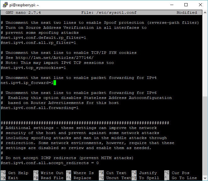 Файл sysctl.conf с включенной переадресацией IPv4