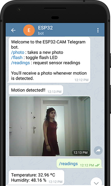 Управление ESP32-CAM через Telegram: демонстрация с фото, управлением выходами, показаниями датчиков и уведомлениями о движении