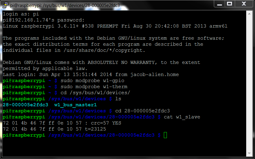 Вывод терминала с показаниями температуры DS18B20+