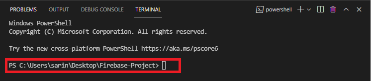 Окно терминала Firebase папка проекта