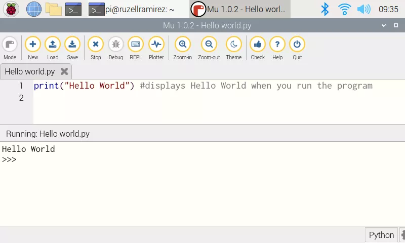 Запуск Hello World в Mu