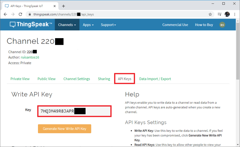 ESP32 ESP8266 NodeMCU ThingSpeak -- просмотр API-ключа для записи